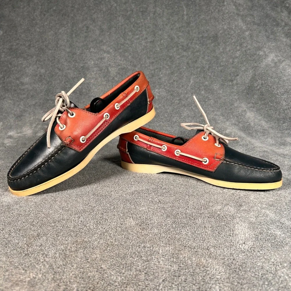 VTG Sebago Docksides Boat Shoes Mens 9.5 Navy Blue Red Leather Loafers